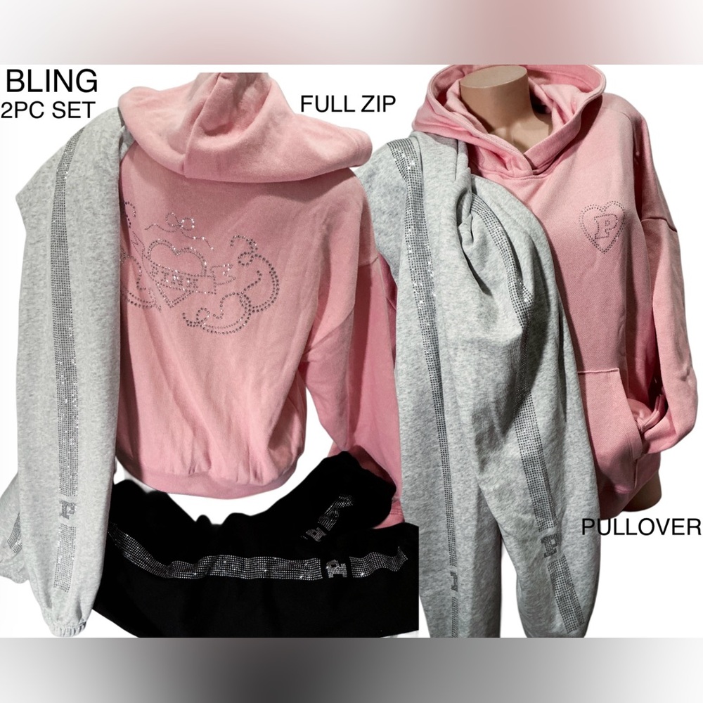 NEW VICTORIAS SECRET PINK BLING HOODIE & PANTS 2PC SET XS~XXL BEAUTIFUL